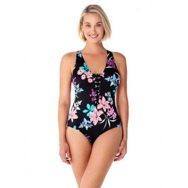 Penbrooke Garden Lily Beaded Front Black Floral One Piece Swimsuit - Sandi's Beachwear