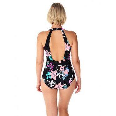 Penbrooke Garden Lily Beaded Front Black Floral One Piece Swimsuit - Sandi's Beachwear