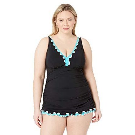 Profile by Gottex  Black and Blue Plus Size V-Neck Shirred Swimdress - Sandi's Beachwear