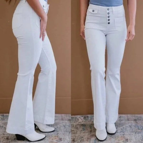 Judy Blue - High Waist Flare Leg ButtonFly Patch Pockets Jeans - Sandi's Beachwear