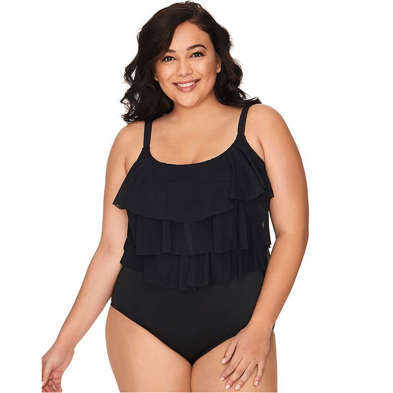 Penbrooke Tiered Fauxkini Black One Piece Swimsuit - Sandi's Beachwear