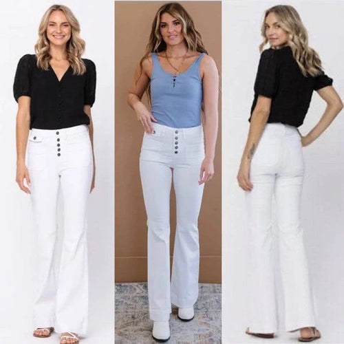 Judy Blue - High Waist Flare Leg ButtonFly Patch Pockets Jeans - Sandi's Beachwear